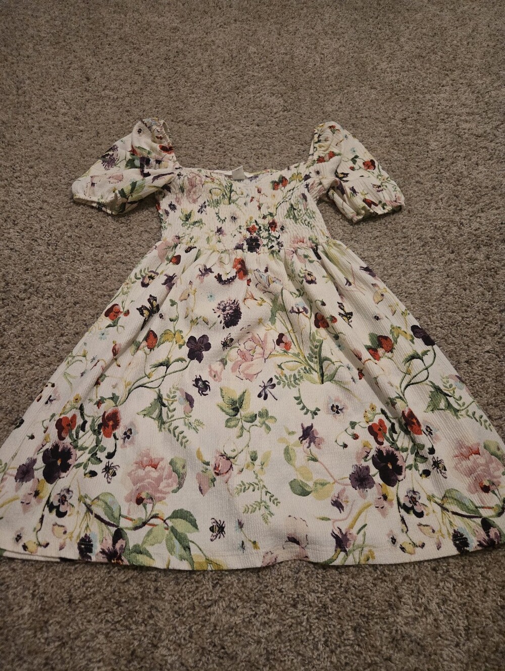H&M White Floral Smocked Puff-Sleeve Dress for